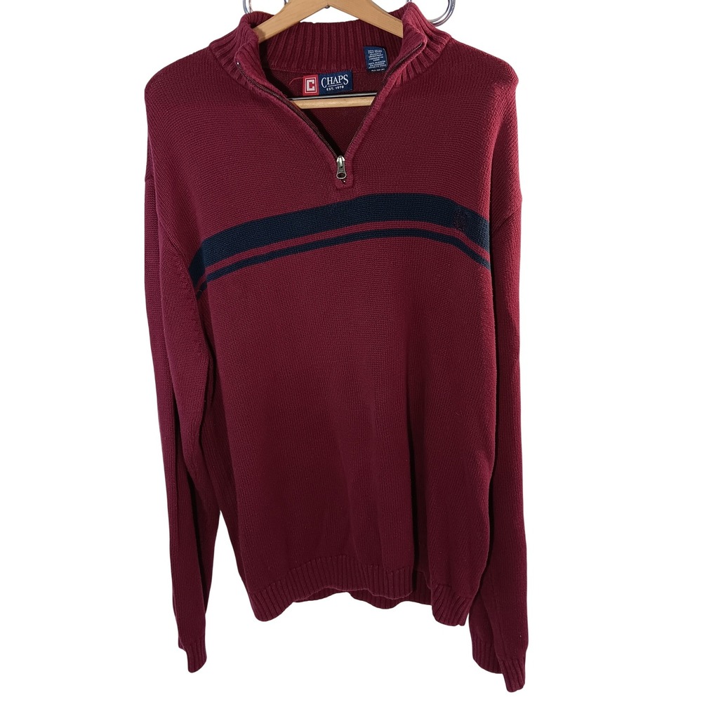 Burgundy Cotton Knit Quarter Zip Sweater XL Mens Pullover Ribbed Mock Neck